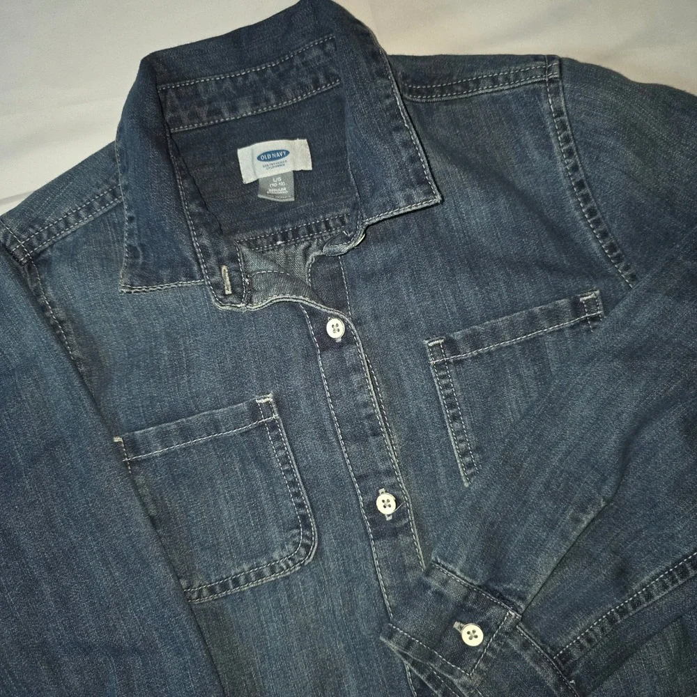 Old Navy Girls Large‎ 10-12 Denim Shirt Dress Dark Wash Long Sleeve Belted Blue